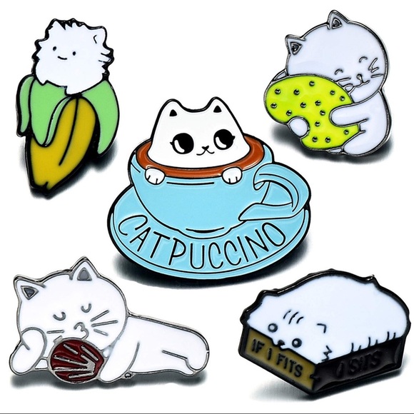 Coffee Themed Cup & Saucer with Cat Kitty “Catpuccino” Metal Enamel Pin Brooch - Picture 8 of 10